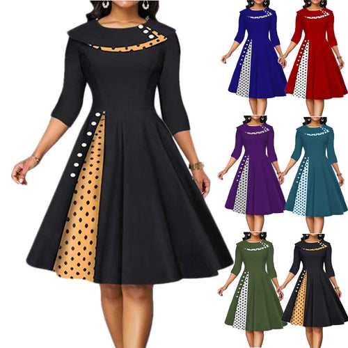 Elegant Woman Midi-Dress with Polka Dots and Chic Side Contrast Detail