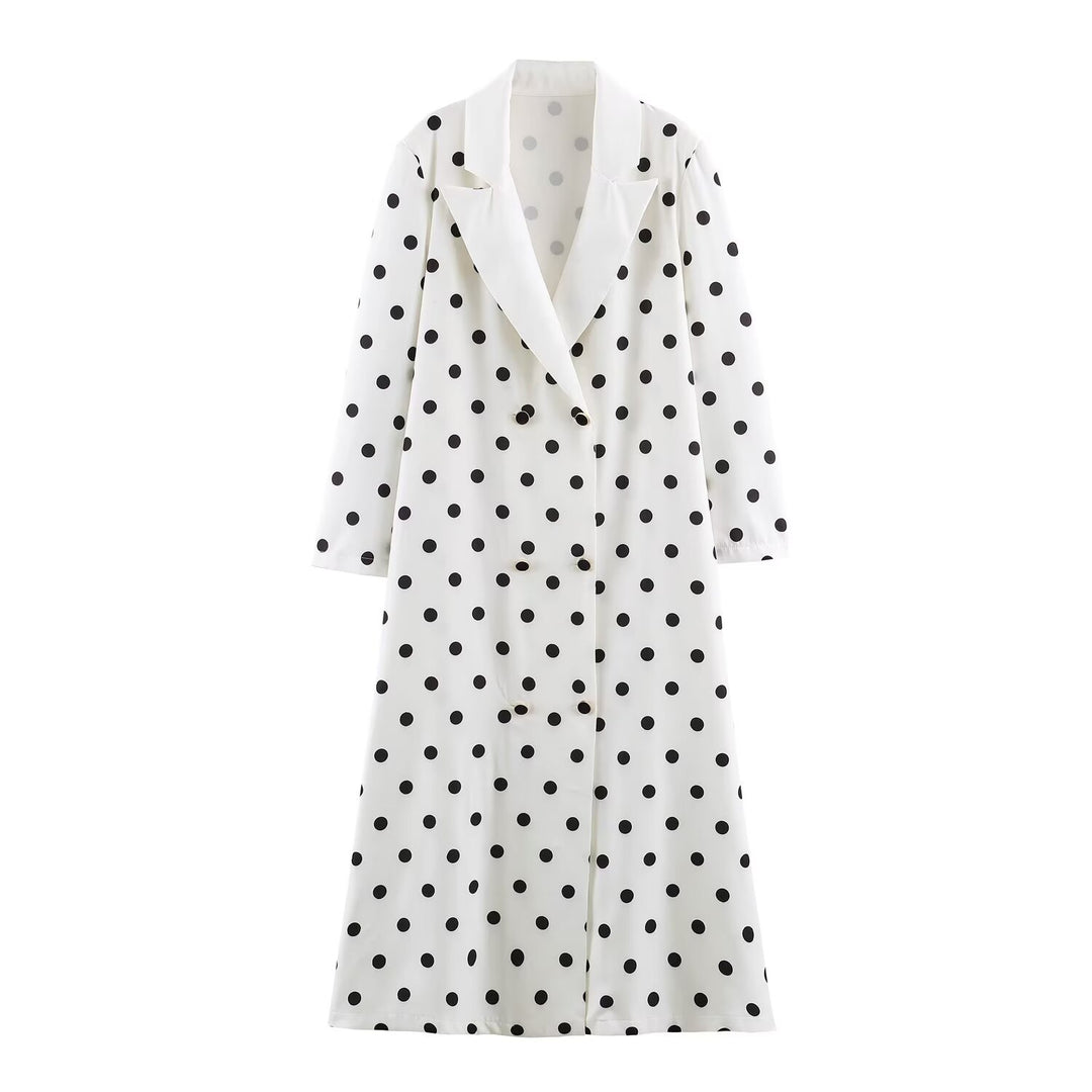 Women Mid-length Coat with Polka Dot Print, Double-breasted and Shawl Collar Amarae