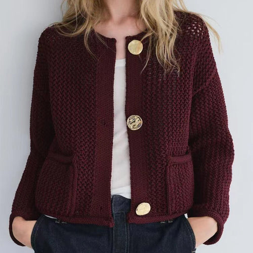 Ladies fashion cardigan with gold buttons and piped pockets Amarae