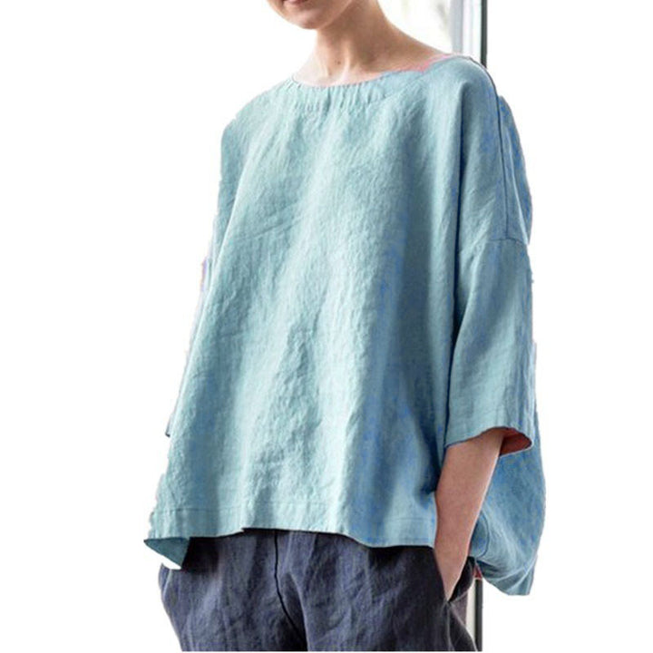 Women's oversized linen blouse with wide boxy cut, boat neckline and 3/4 sleeves Amarae