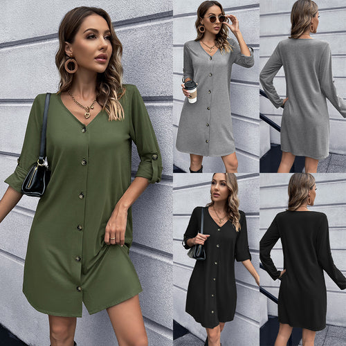 Casual button dress for women with V-neck and 3/4 sleeves Amarae