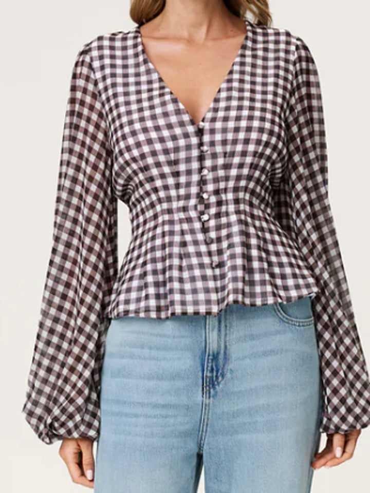 Women's jacquard lace blouse with fitted peplum and balloon sleeves Amarae