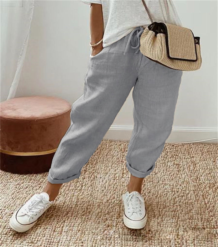 Women's linen jogger pants with drawstring, loose tapered fit and rolled hems Amarae