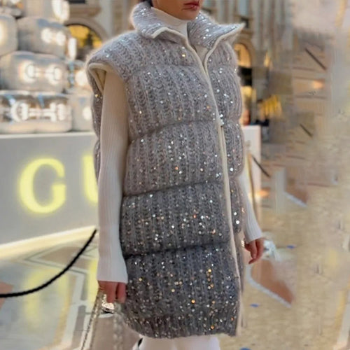Quilted vest for women with elegant sequin details and a high collar Amarae