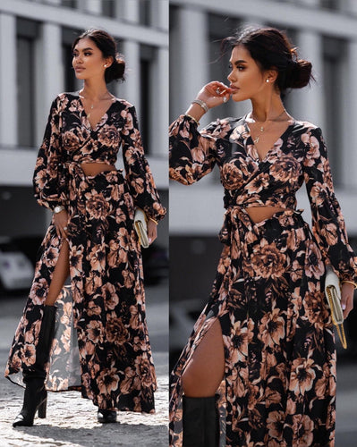 Maxi wrap dress for women with fixed waist belt and refined ruffled sleeves Amarae