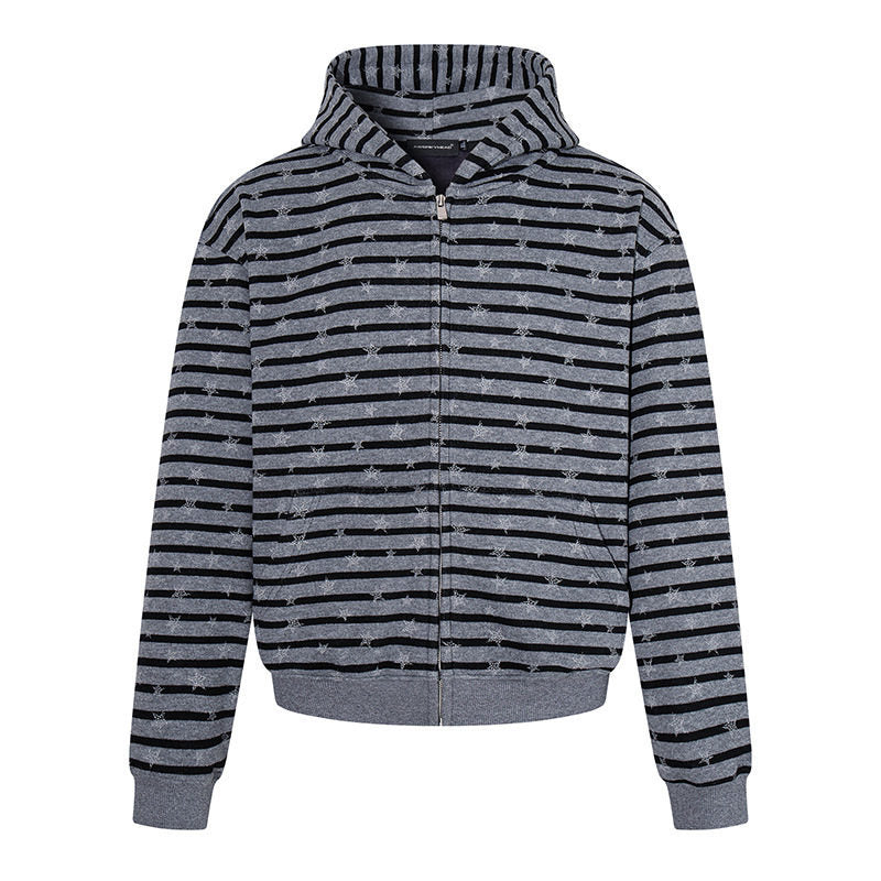 Women Casual Hooded Zip Jacket in Striped Jacquard with Star Structure Amarae