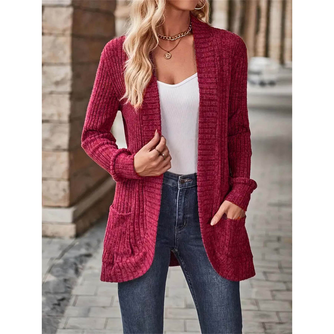 Knitted women's jacket with an open front closure and trendy ribbed structure Lune London
