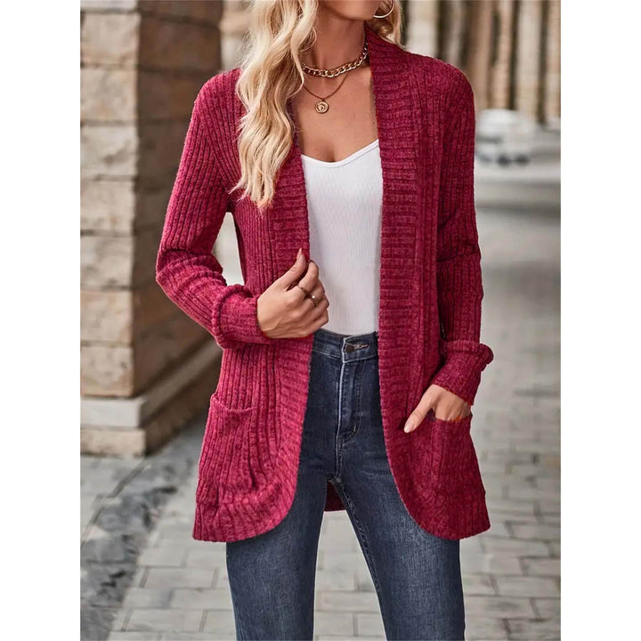 Knitted women's jacket with an open front closure and trendy ribbed structure Lune London
