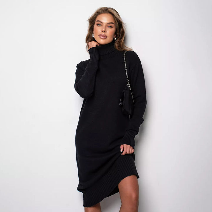 Ladies Long Knitted Dress with Turtleneck and Relaxed Chic Fit