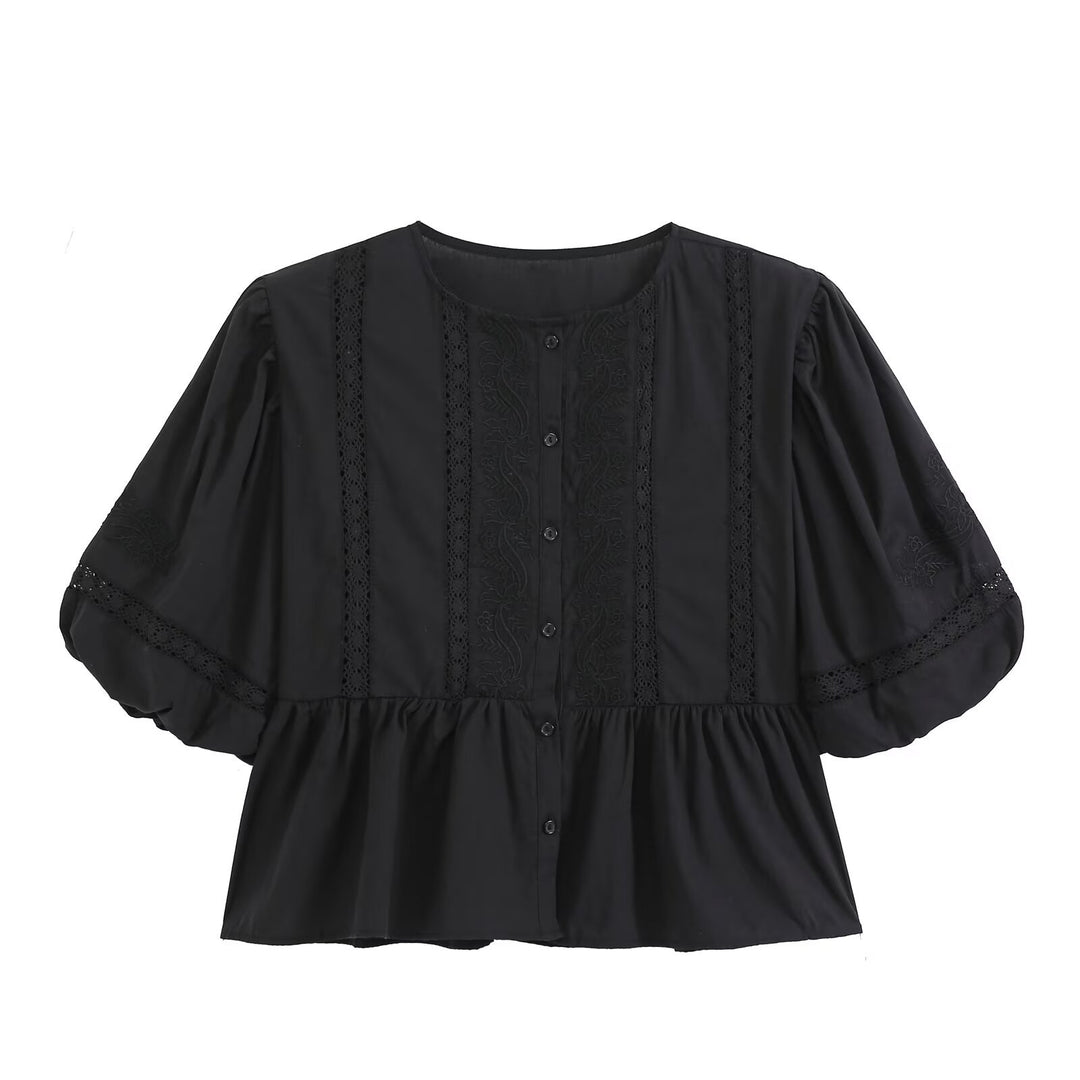 Women's Lace Trim Blouse Tunic with Button Placket and Balloon Sleeves Amarae