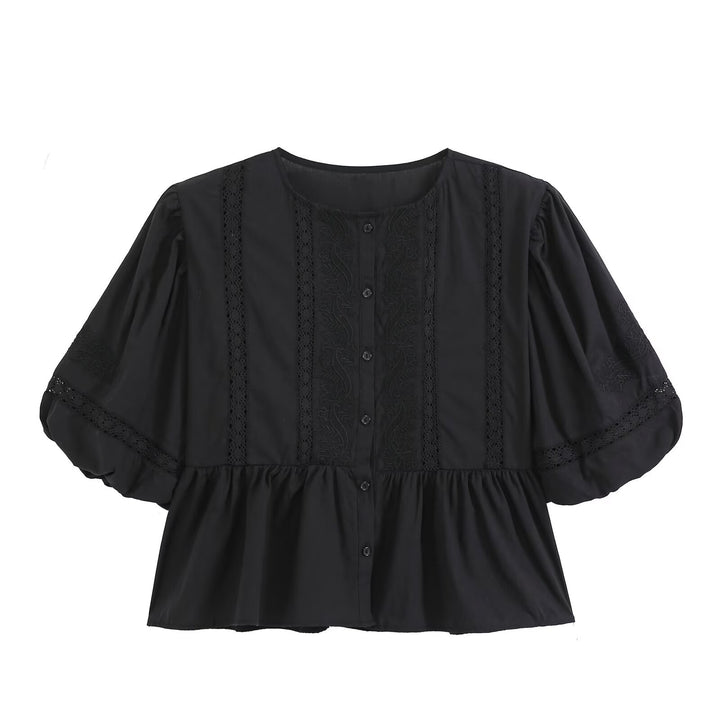 Women's Lace Trim Blouse Tunic with Button Placket and Balloon Sleeves Amarae
