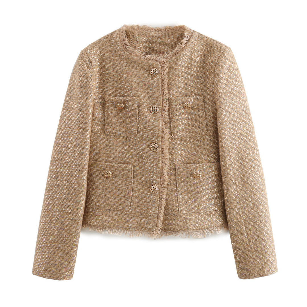 Elegant tweed jacket for women with fringes and decorative buttons Lune London
