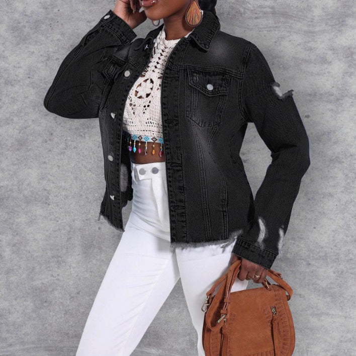 Women's Distressed Denim Jacket with Frayed Hem and Relaxed Fit Amarae