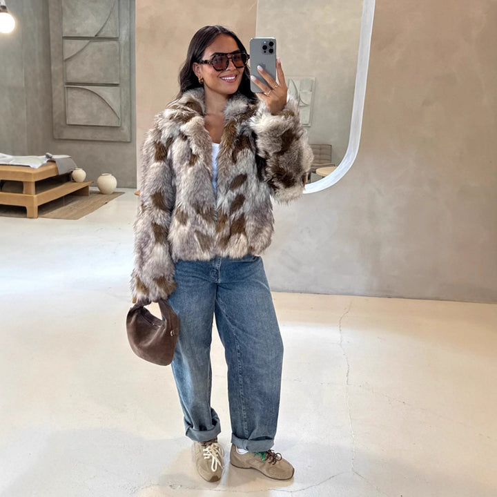 Women's Boxy Short Jacket made of Woven Fur with Natural Fur Look and Wide Shawl Collar Amarae