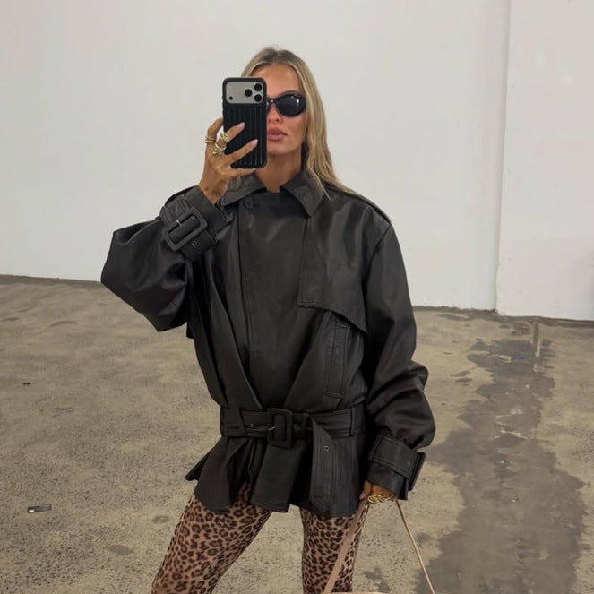 Ladies Oversize Leather Jacket with Tailoring Tie Belt and Ruffle Hem Amarae