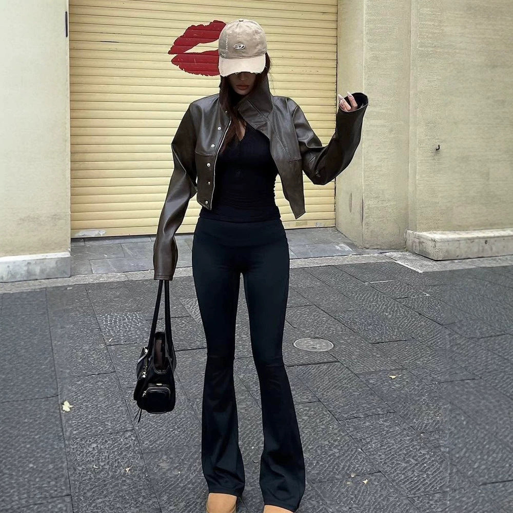 Women Cropped Faux Leather Corset Jacket with High Standing Collar and Extended Sleeves Amarae