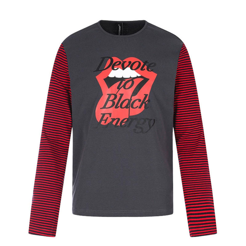 Men's Long Sleeve Shirt with Contrast Stripe Sleeves and Large Lip Statement Print Amarae
