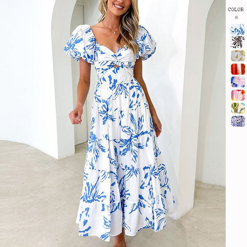 Maxi dress for women with voluminous balloon sleeves and chic floral print