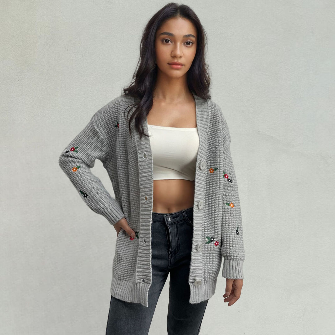 Ladies Chunky Knit Cardigan with Colorful Embroidery and Button Closure Lune London