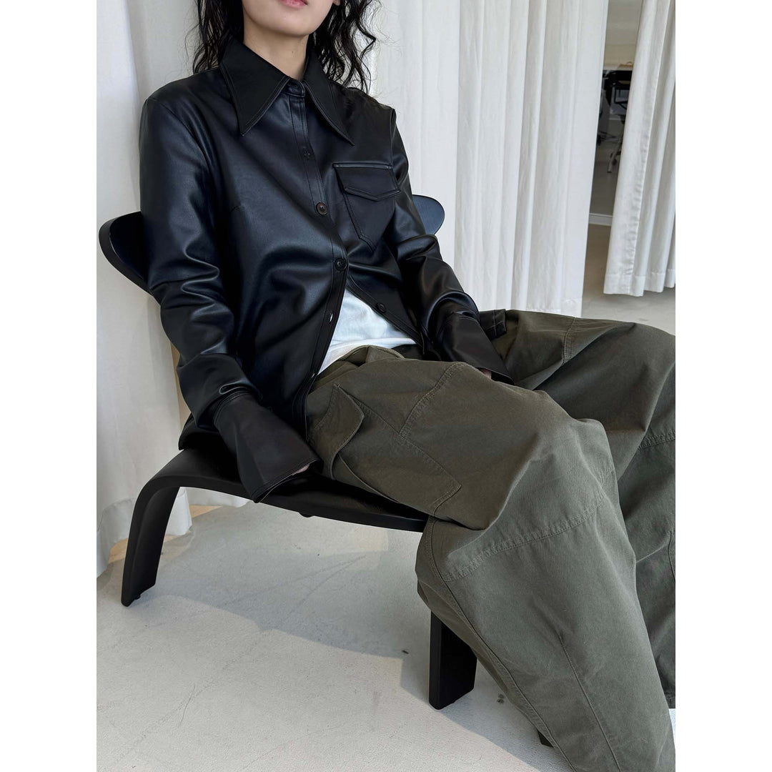 Women's fine structured faux leather shirt jacket with stiff collar and patch pocket Amarae
