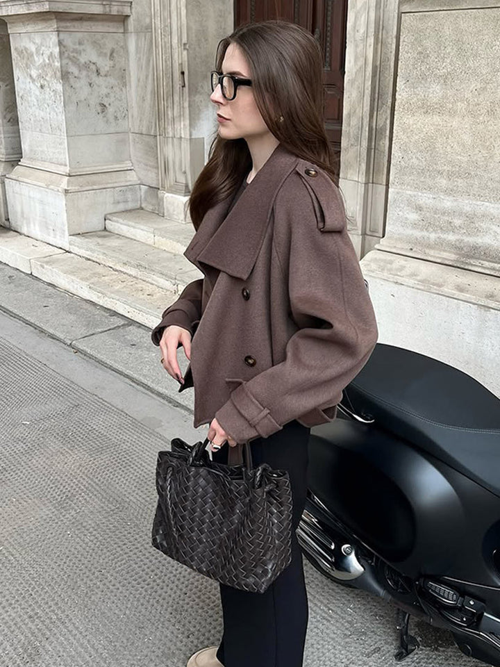 Women's Short Double-Breasted Wool Blend Peacoat with Dropped Shoulders and Epaulettes Amarae