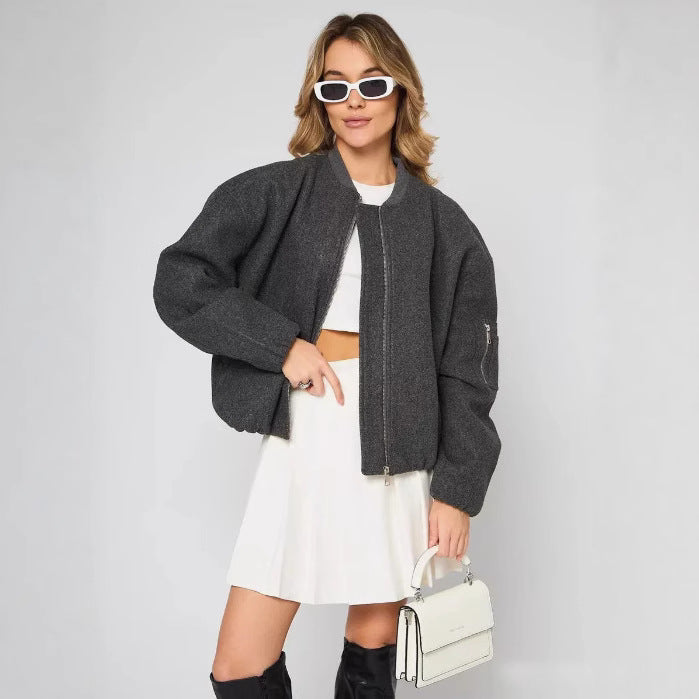 Puffed sleeve jacket for women, with practical zip pockets and elastic edges Lune London