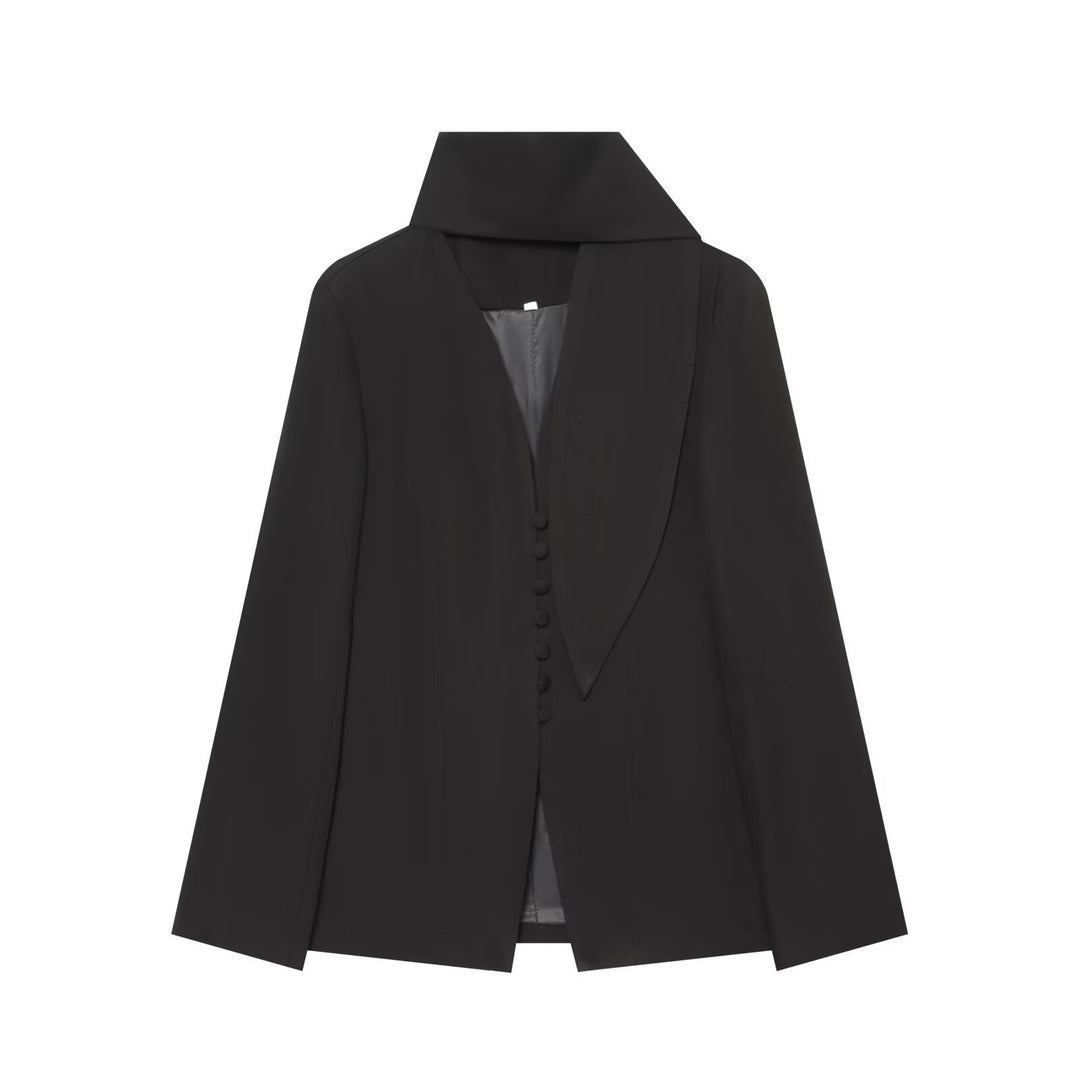 Women's Elegant Longline Blazer with High Funnel Collar and Overlapping Fabric Buttons Amarae