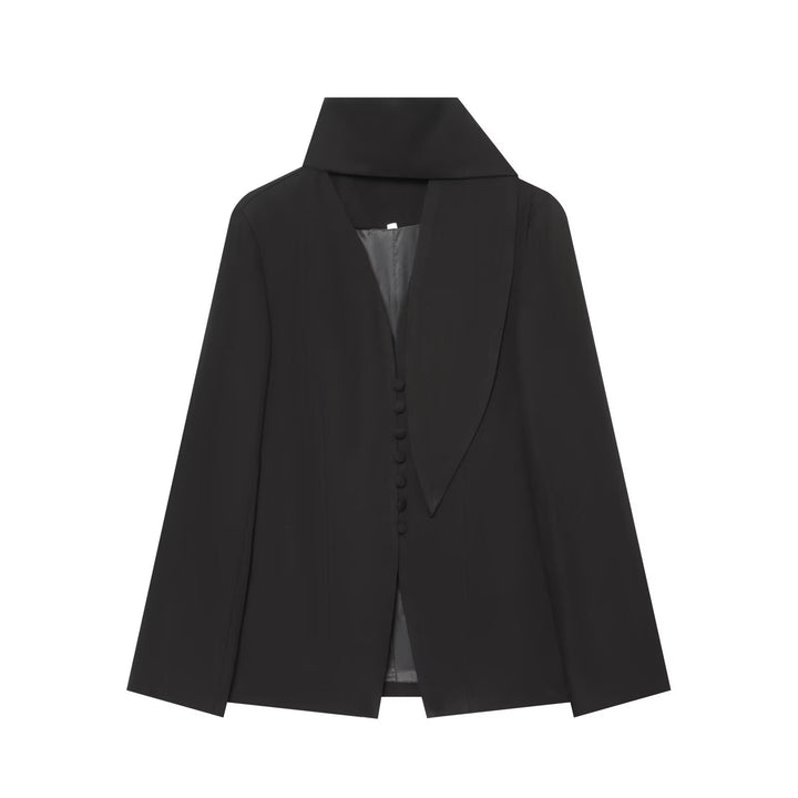Women's Elegant Longline Blazer with High Funnel Collar and Overlapping Fabric Buttons Amarae