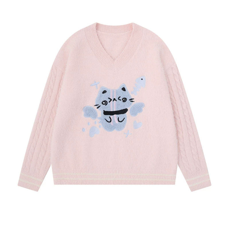 Women's V-neck knitted sweater with cable sleeves and chenille cat motif Amarae