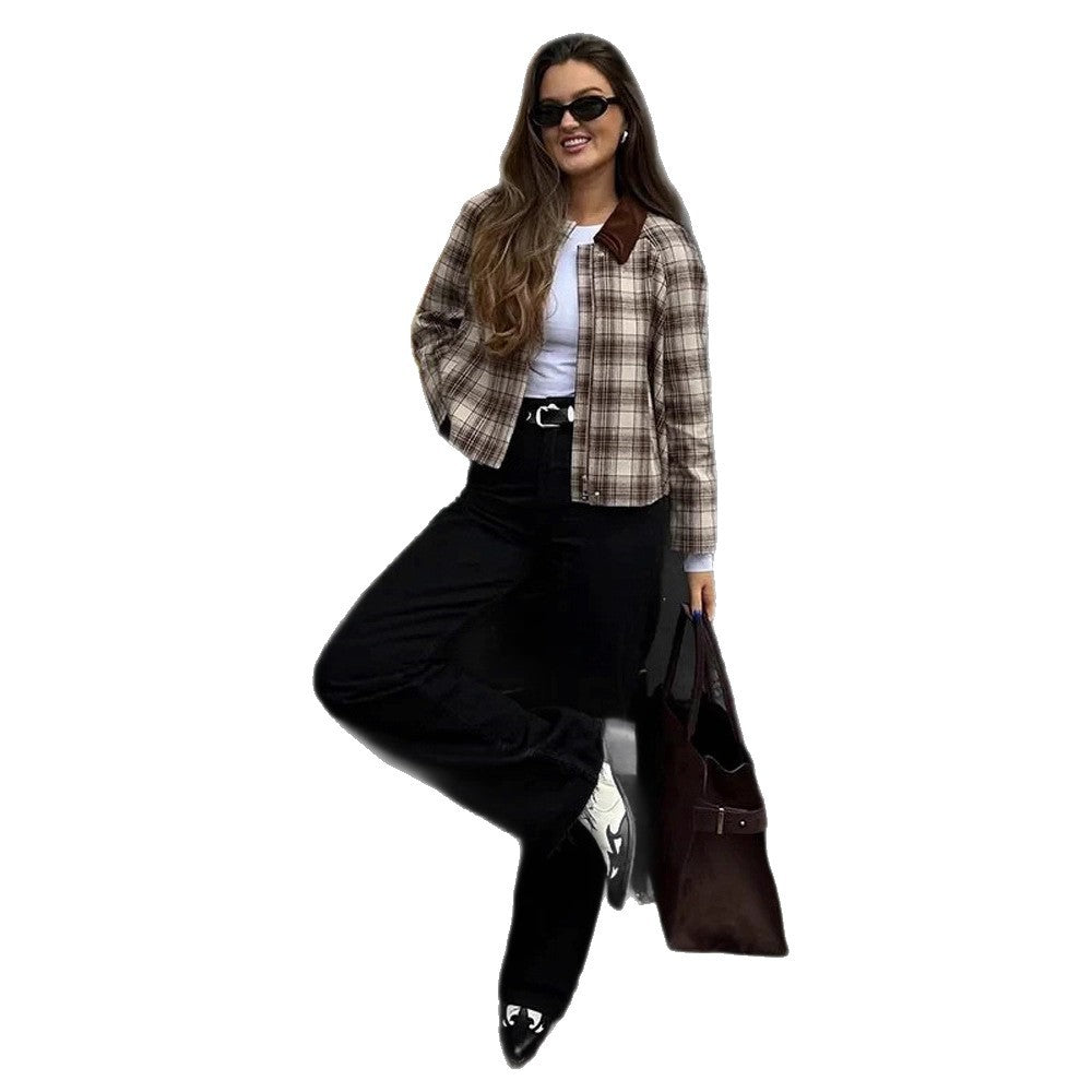 Women's boxy checkered transitional blouse with contrasting shirt collar Amarae
