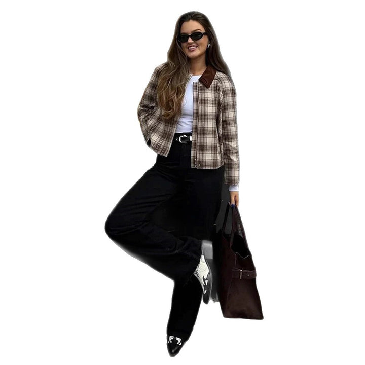 Women's boxy checkered transitional blouse with contrasting shirt collar Amarae