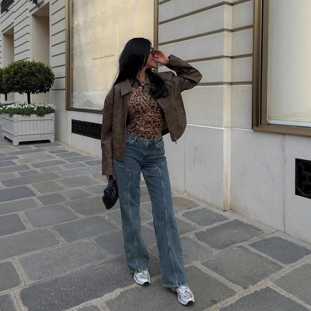 Women's Short Boxy Jacket in Vintage Suede Look with Distinctive Metal Zipper Amarae