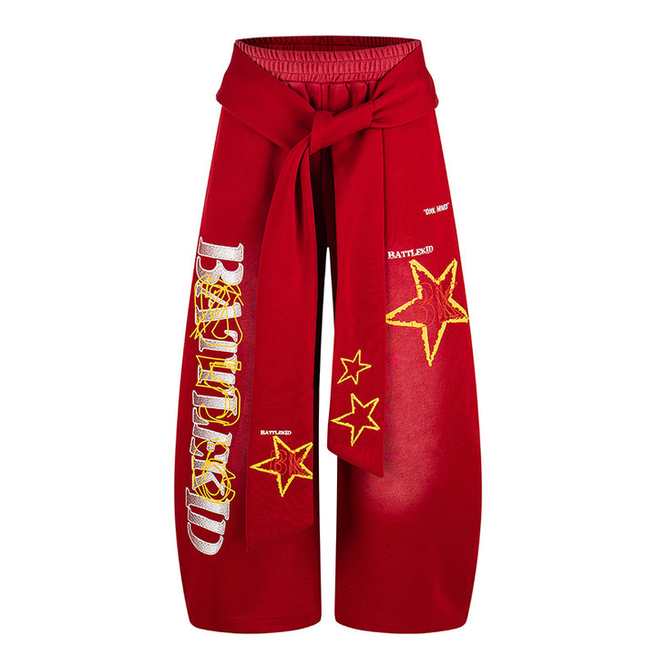 Ladies Wide Palazzo Culotte Pants with Integrated Tie Belt and Star Graphic Amarae
