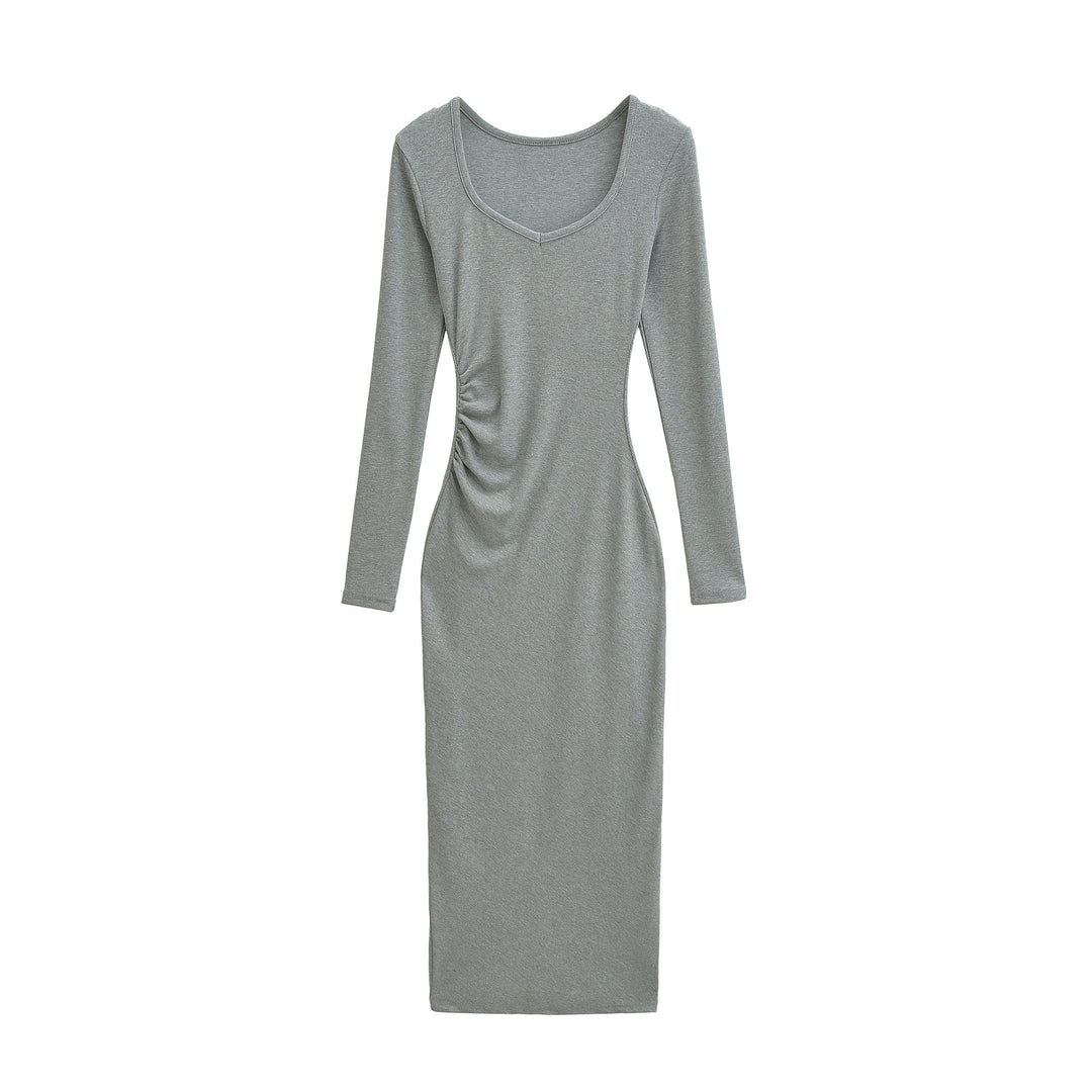 Women's Fitted Midi Dress with Side Ruching and Double Neckline Amarae