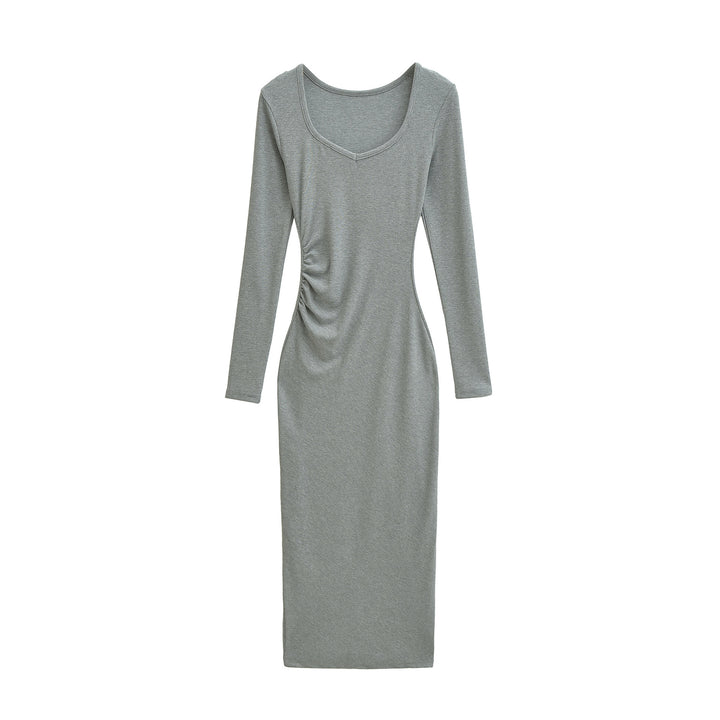 Women's Fitted Midi Dress with Side Ruching and Double Neckline Amarae