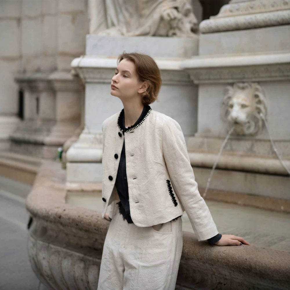 Women's Two-Piece Boucle Set with Short Jacket, Contrasted Round Neckline and Wide Culotte Pants Leg Amarae