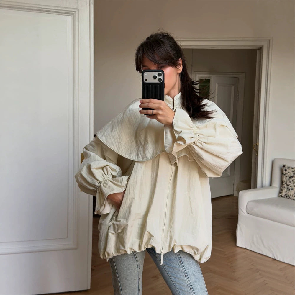 Women's Oversized Jacket with Cape Collar, Balloon Sleeves and Drawstring Amarae