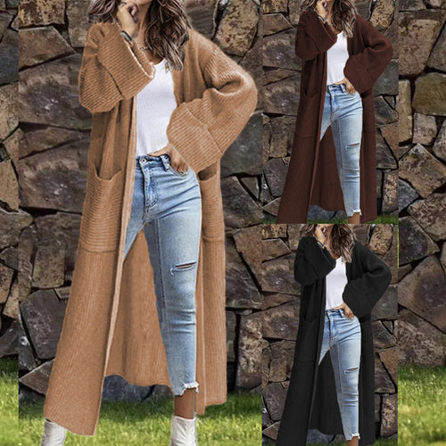 Long knitted jacket for women with spacious pockets and elegant open design Amarae