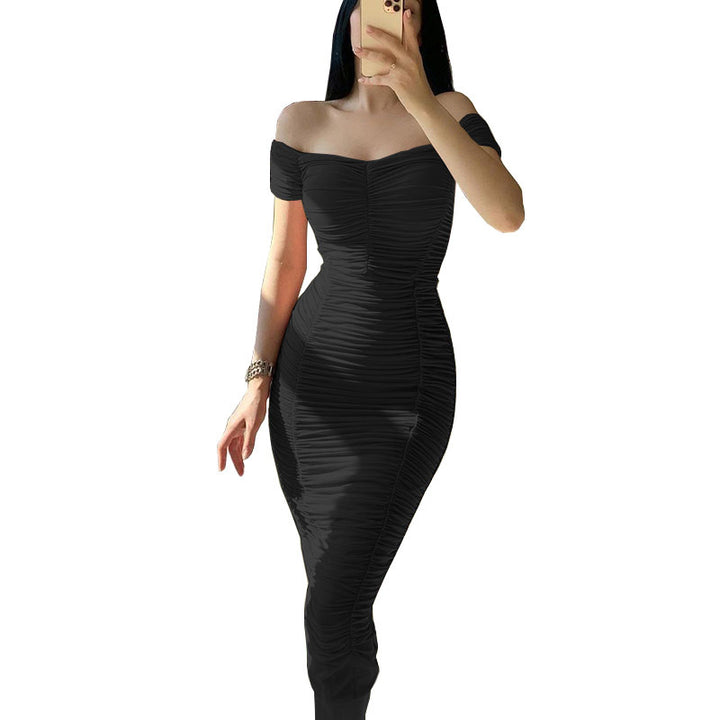 Mini fitted dress for women with Bardot neckline and ruching Lune London
