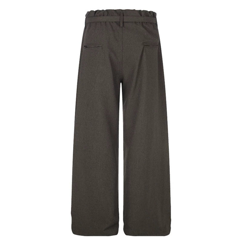 Ladies Wide High-Waist Palazzo Pants with Paperbag Waist, Pleats and Ties Belt Amarae