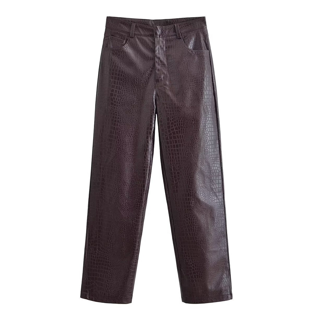 Women High-Waisted Straight-Leg Faux Leather Pants with Crocodile Embossing Amarae