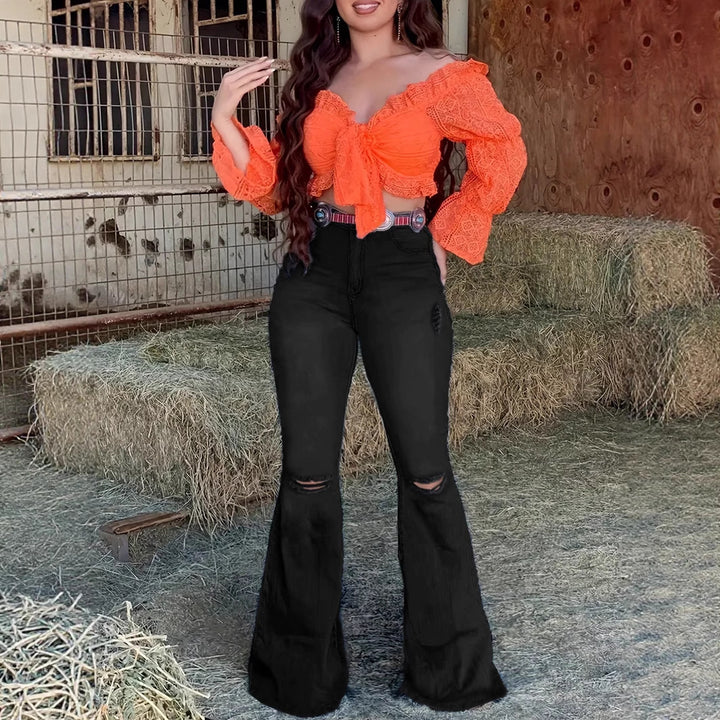 Women's High-Waist Bootcut Jeans with Knee Rips and Figure-Hugging Sculpting Cut Amarae