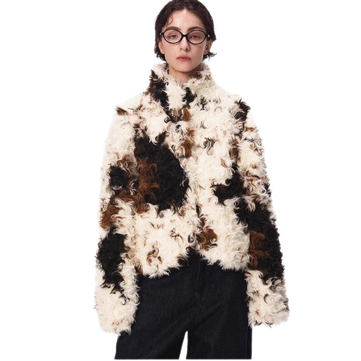 Women's Short Shaggy Faux Fur Bomber Jacket with Textured Patchwork Look Amarae