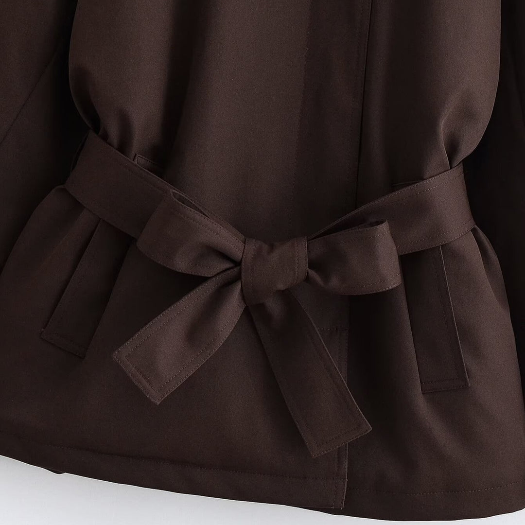 Women's Short Cape Trench Coat with Stand-up Collar, Shoulder Straps and Belt Amarae