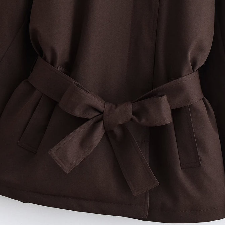 Women's Short Cape Trench Coat with Stand-up Collar, Shoulder Straps and Belt Amarae