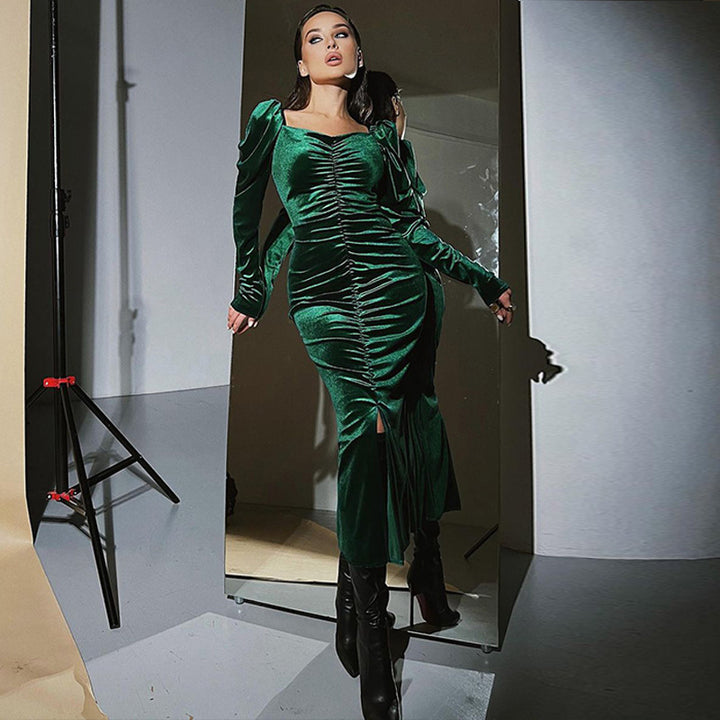 Ladies Elegant Long Sleeve Dress with Ruching and Pretty Square Neckline Lune London
