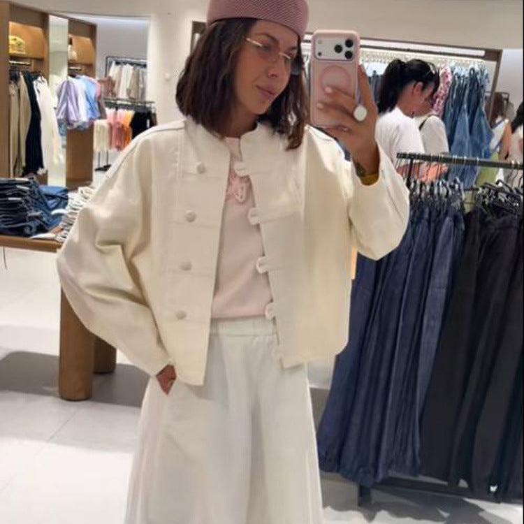 Women's Cropped Boxy Jacket with Chinese Stand Collar and Decorative Button Placket Amarae