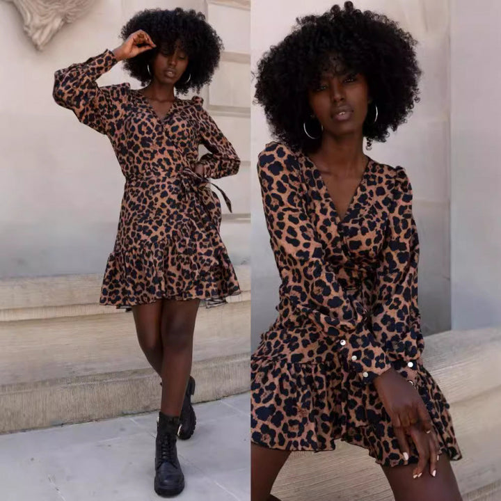 Flattering wrap mini dress for ladies with leopard print Lune London