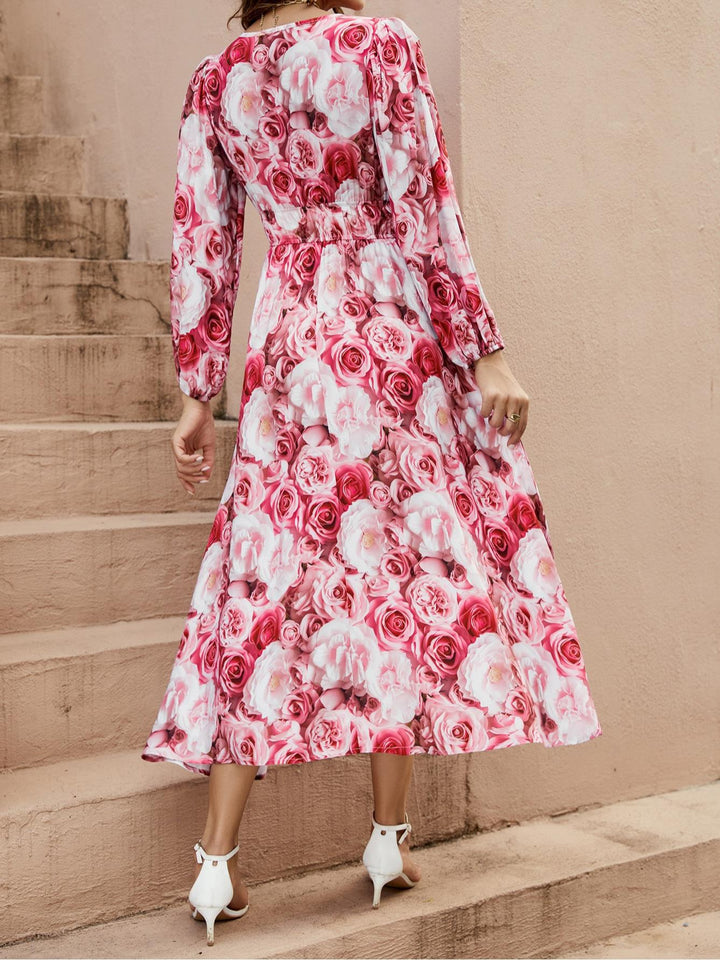 Ladies Long Summer Dress with Flowy Cut and Floral Rose Pattern Lune London