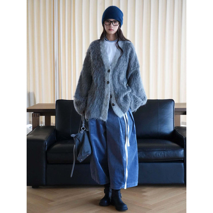 Women's Fluffy Long-Hair Knit Cardigan with Button Placket and Oversized Silhouette Amarae